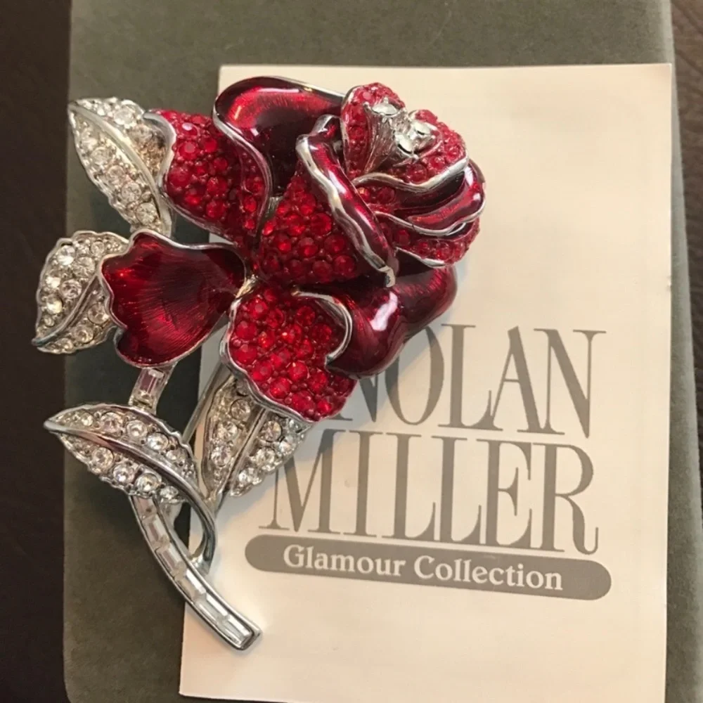 Vintage Nolan Miller Rhinestone Enamel Red Rose Brooch Pin Silver Tone Romantic